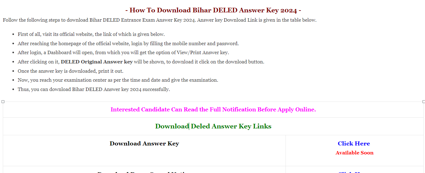 Bihar DELED Answer Key 2024 DailyResult.Info