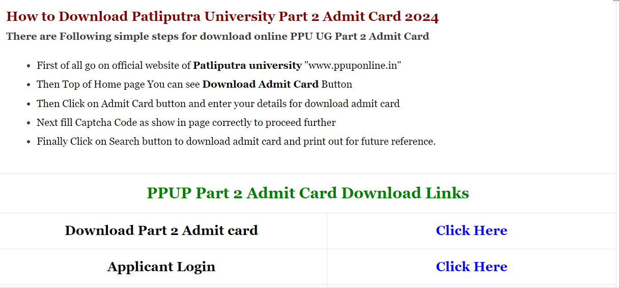 Patliputra University UG Part 2 Admit card