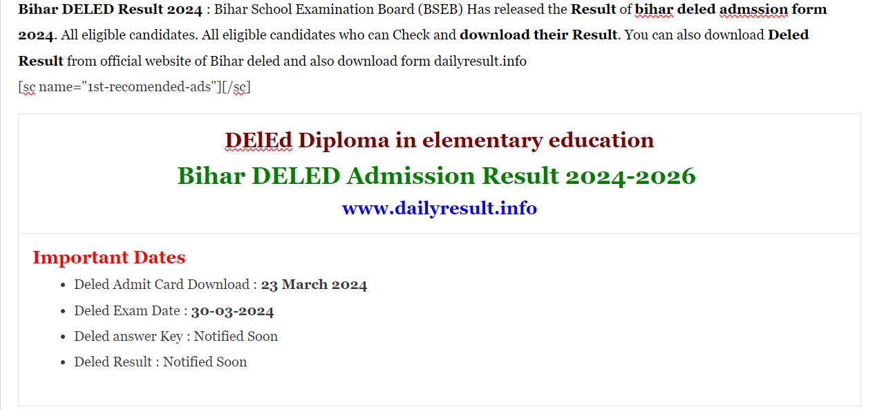 Bihar DELED Admission Result