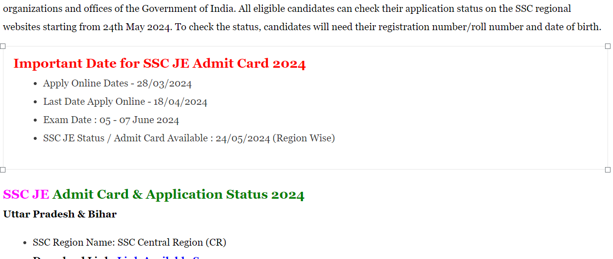 SSC JE Admit Card 2024